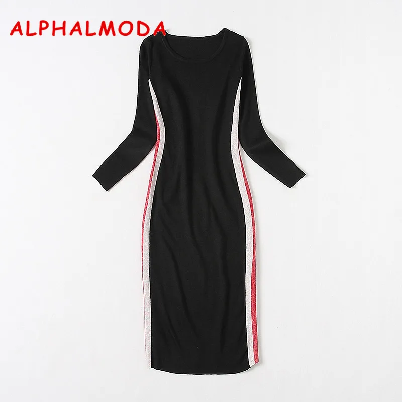 Женское трикотажное платье ALPHALMODA с длинным рукавом и блестящими полосками в