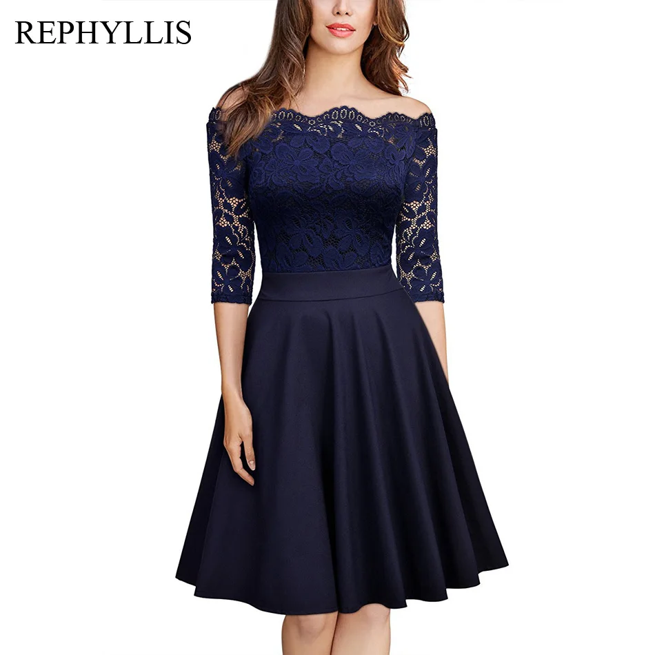 Kopen REPHYLLIS Vrouwen Lace 1 2 Mouwen Vintage Stiksels Cocktail Bruiloft Gast Party Ceremonie Elegante Midi Jurk