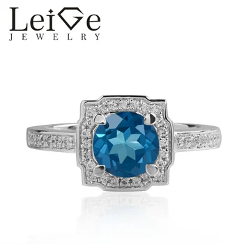 

Leige Jewelry Swiss Topaz Rings Blue Gemstone Round Cut Halo For Woman 925 Sterling Silver Romantic Gift Ring