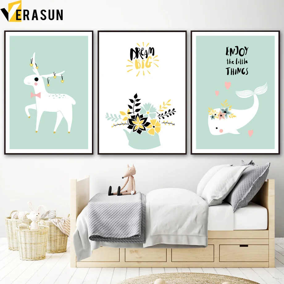 

Cartoon Deer Whale Leaf Bream Big Quote Nordic Posters And Prints Wall Art Canvas Painting Wall Pictures For Kids Room Decor