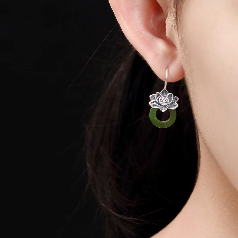 Серебряные сережки S925 из чистого серебра с натуральным нефритом И