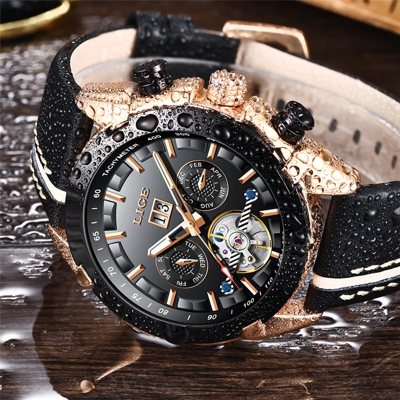 ييج رجل التلقائي الميكانيكية ووتش الأعلى العلامة التجارية الفاخرة جلدية توربيون ساعة عارضة الرياضة للماء الساعات الرجال Meski Zegarek