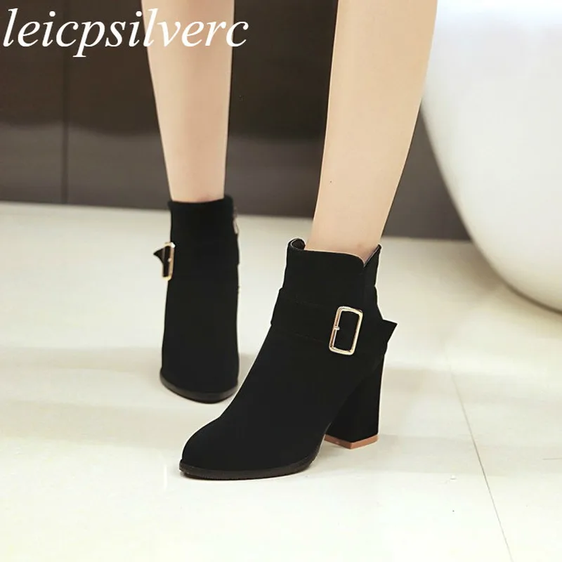 

Women's Boots Super High Heel Warm Flock Zip Pointed Toe Ankle Chelsea Boots Thick Heel Buckle 2019 New Sexy Fashion Black Gray