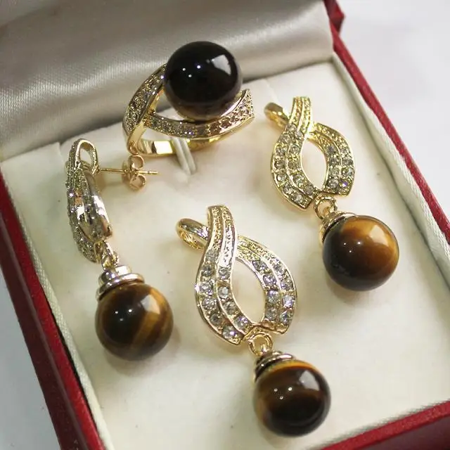 

hot sell new - Hot! beautiful new jewelry 18KGP + 12mm tiger eye stone pendant, earring, , ring set