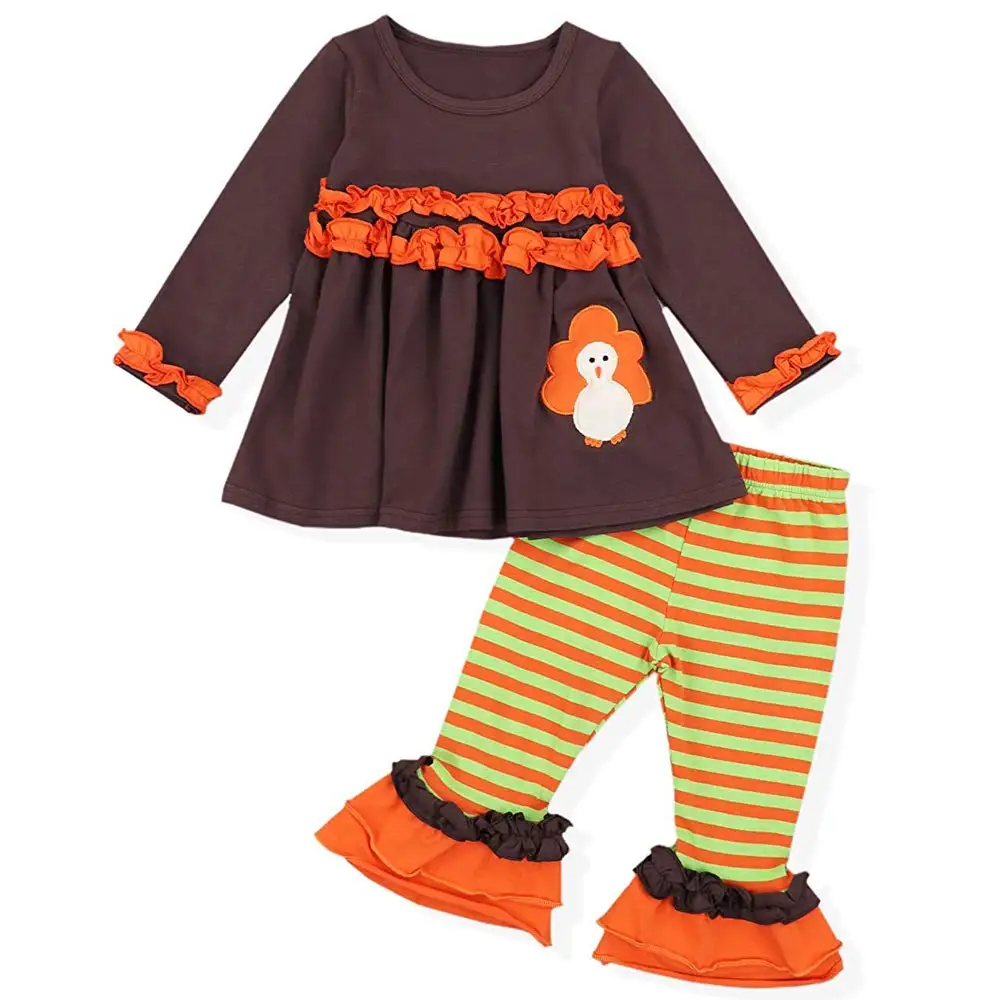 

Oklady Thanksgiving Outfit Toddler Girl Turkey Ruffled Long Sleeve Color Stripe Tights Clothes Set