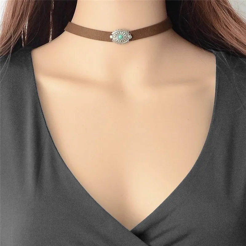 

Women Vintage PU Leather Carving Metal Bohemian Blue Faux Stone Choker Necklace Christmas Necklace Jewelry Black Brown Color