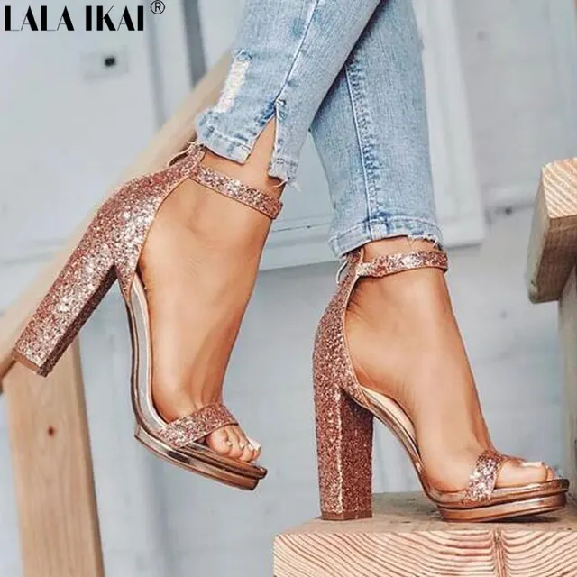 LALA IKAI Women Sandals High Heels Summer Heeled Sandals Sexy Gladiator Party Sequined Ladies Sandals Female Shoes XWC1344-5