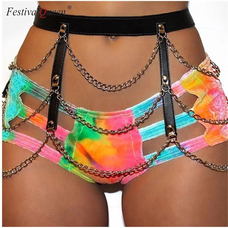 FestivalQueen sexy metal chain PU hollow tank top women new arrival patchwork bandage nightclub backless halter crop top