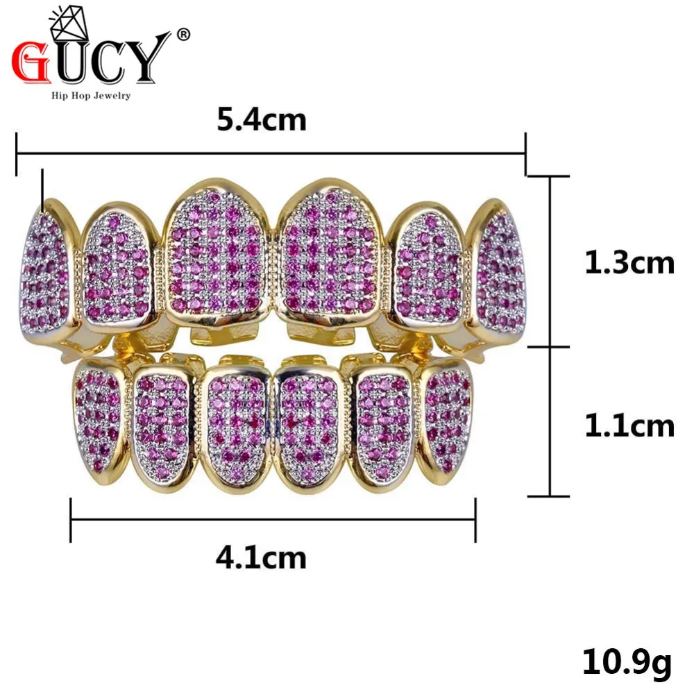 GUCY Gold Hip Hop Teeth Grillz Micro Pave Fuchsia CZ Stone Iced Out Top&Bottom Grills Set Vampire Teeth Caps Mouth Jewelry Party