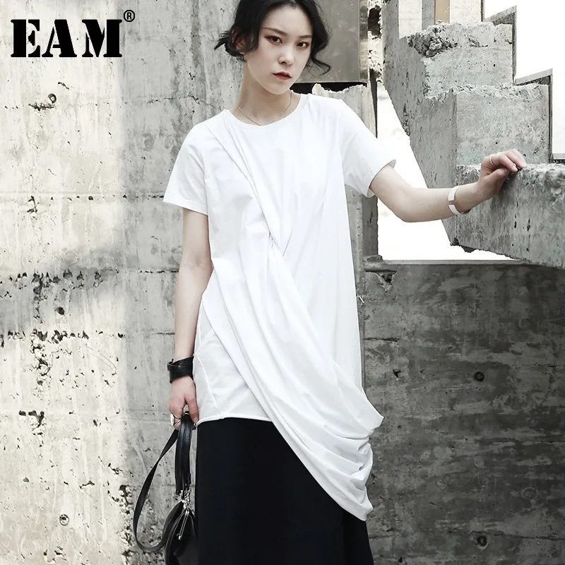 

[EAM] 2019New Spring Summer Round Neck Short Sleeve Black Irregular Knot Stitch Loose Breif Design T-shirt Women Fashion JF801