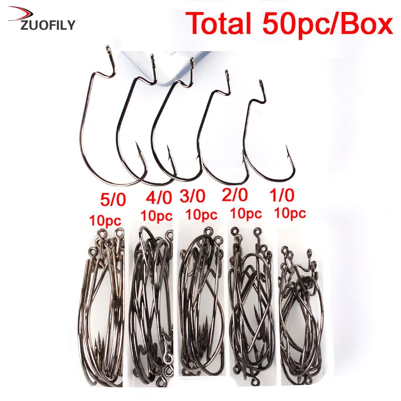 

50pcs Worm Jig Big Hook Fishing Hook Black Fishhook Size 1/0-5/0 with plast Box