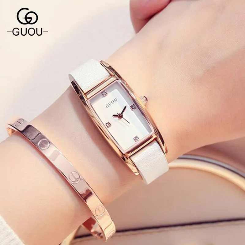 

GUOU Original Fashion Women Slim Quartz Wristwatches Ladies Simple Casual Leather Strap Rectangle Unique Girl Female GU003