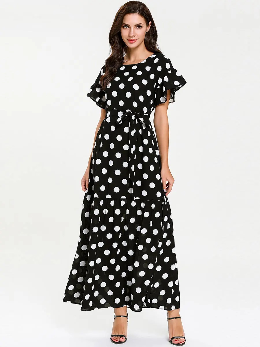 Women Summer Bandage Maxi Dress Short Sleeve Plus Size Dot Ruffle Muslim Abaya Dubai Arabic UAE Kaftan Islamic Robe VKDR1686 - Цвет: Черный