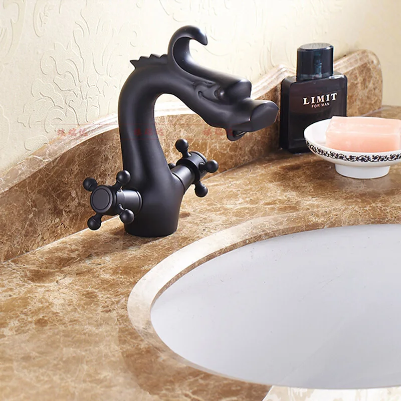 Creative Dragon Shape Bathroom Basin Mixers Two Cross Handles Hot and Cold Water Basin Faucet