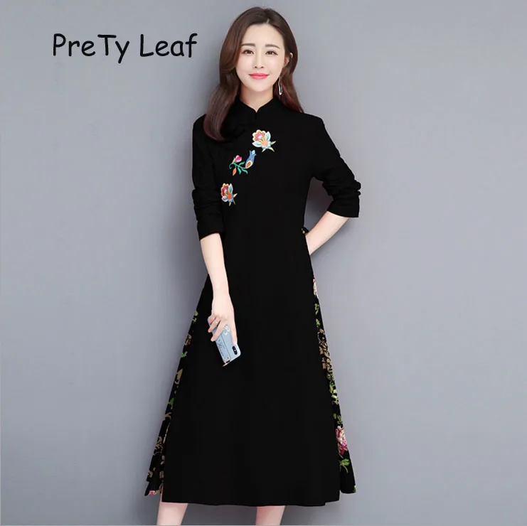 

2019 spring new cotton and linen embroidered midi dress