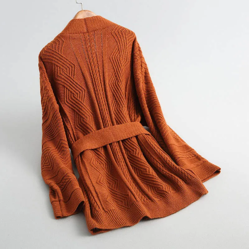 J82 Модный женский изысканный вязаный кардиган с длинными рукавами и поясом, женский теплый свитер с открытой строчкой, верхняя одежда