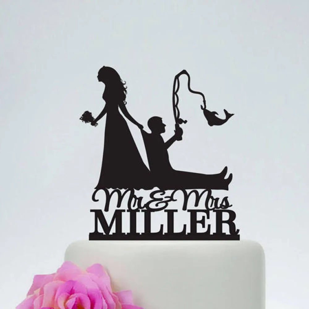 Personalized Rustic Wood Wedding Fishing cake topper Cake Topper Wedding Bride and Groom silhouette cake topper with Mr&Mrs