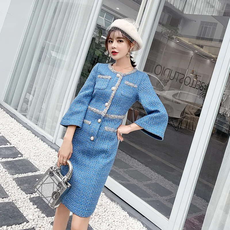 

2018 Winter Office Luxury Designer Blue Weave Tweed Dress Women Elegant Pearls Single Breasted Straight Split Tweed Woolen Dress