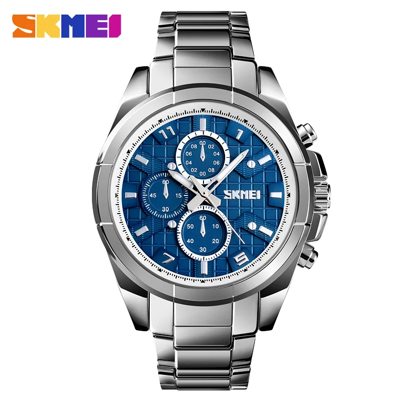 Skmei Luxury Brand Men's Sport Watch Quartz Clock Men Waterproof Wrist Watch Male Military Steel Watches Relogio Masculino - Цвет: Silver Blue