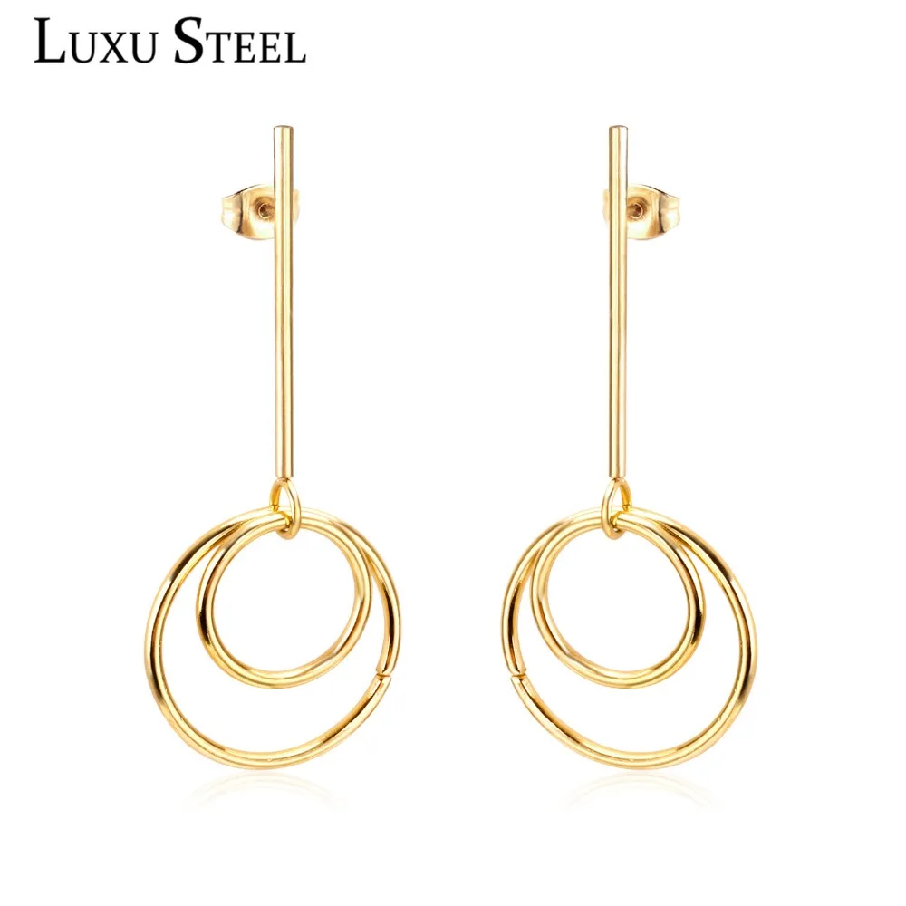 Женские серьги подвески LUXUSTEEL круглые из нержавеющей стали в золотистом цвете