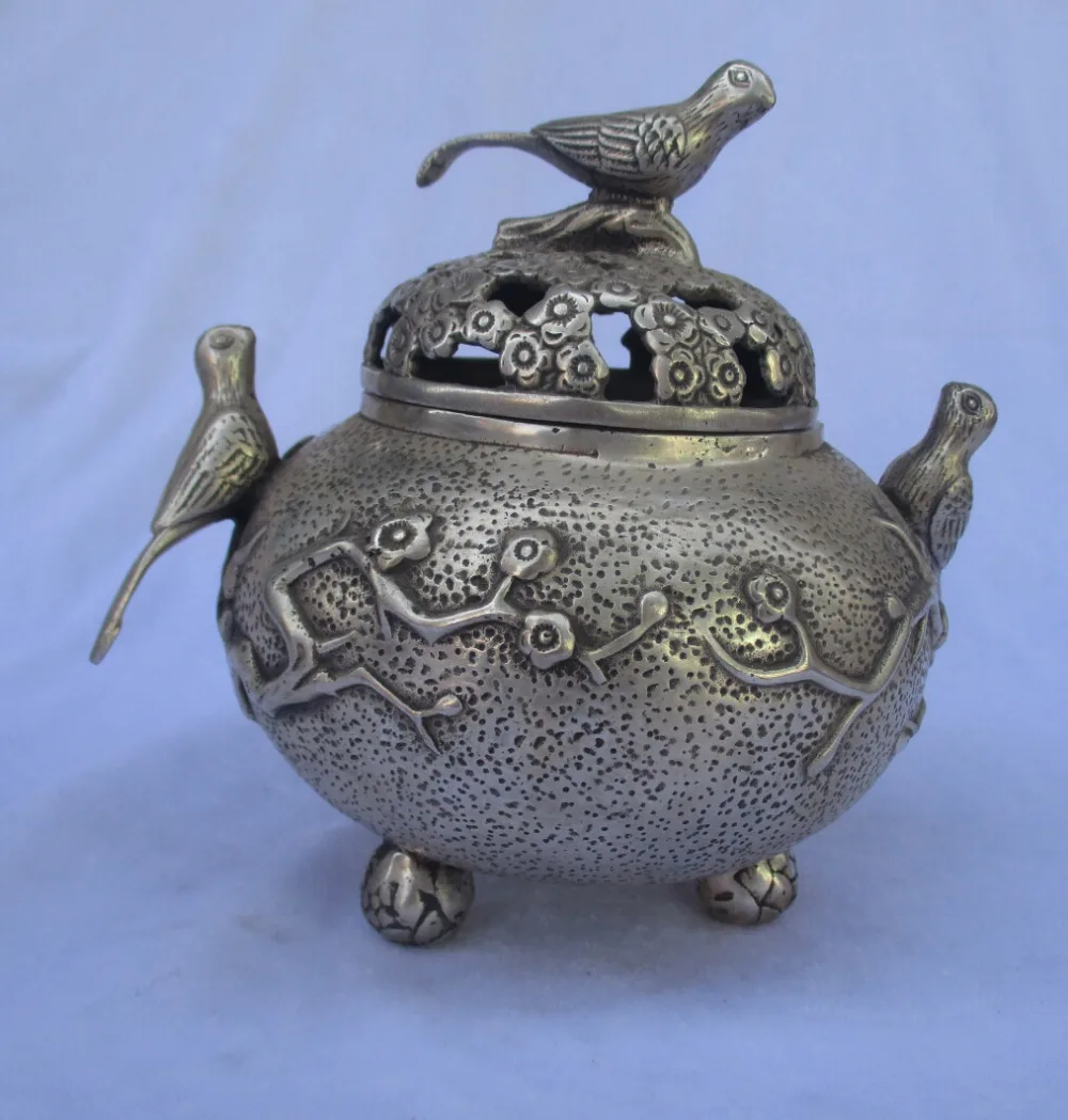 

collectible decorated old antique tibet silver carved 3 bird incense burner/metal censer Free Shipping 0009