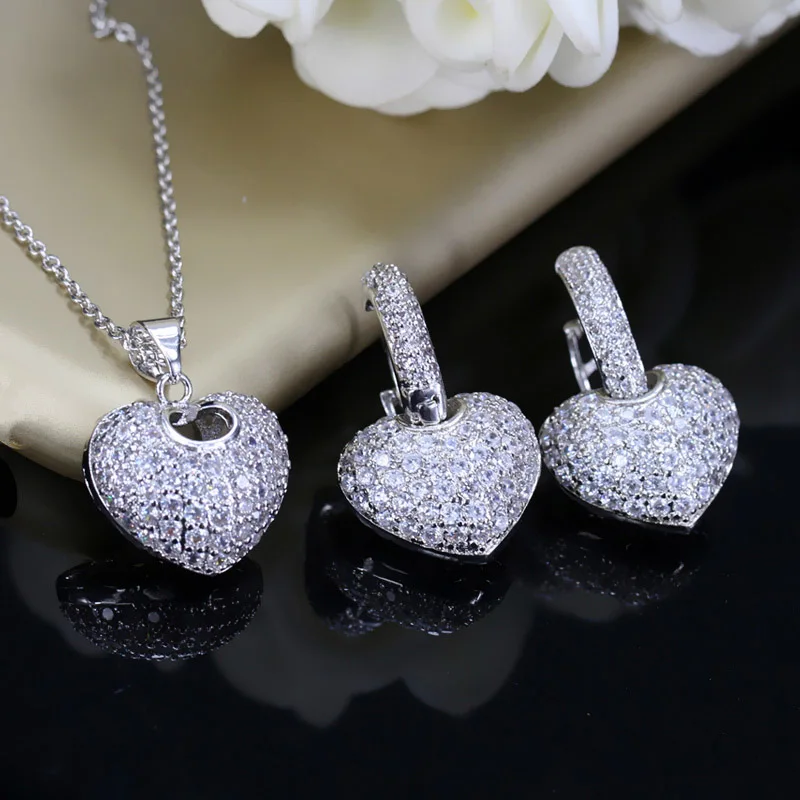 BeaQueen Lovely Heart ожерелье серьги в форме капли кулон белый золотистый цвет, Круглый петля милые серьги в виде колец, Цепочки и ожерелья наборы женские украшения JS075 - Окраска металла: White