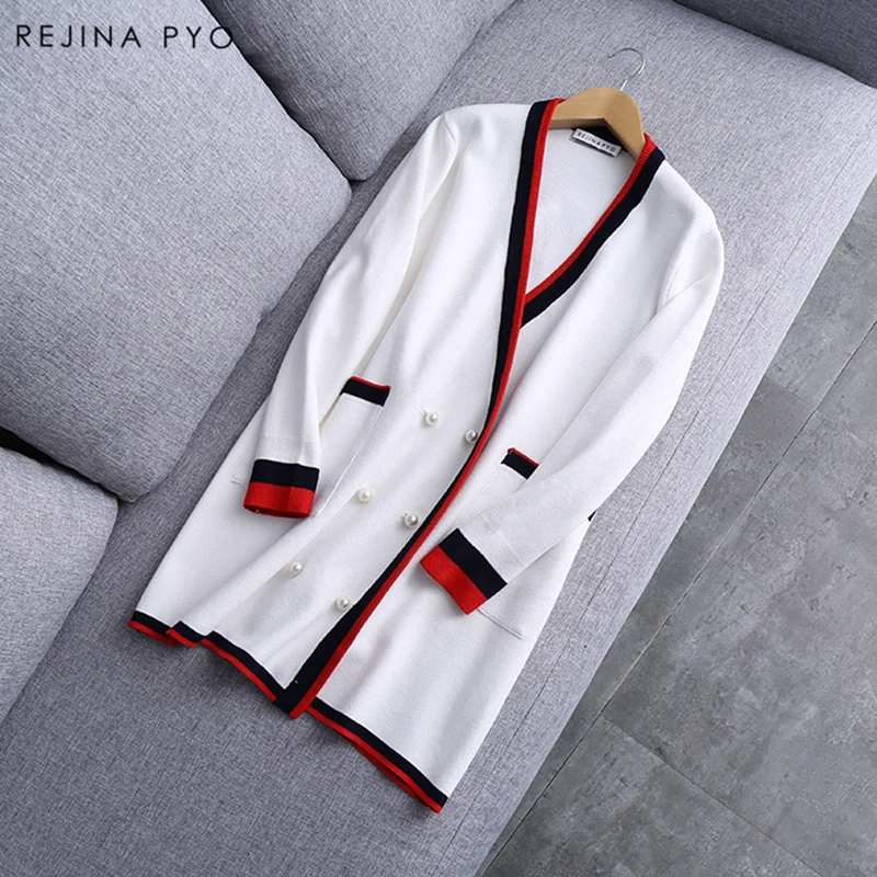 

REJINAPYO 2019 Spring New Arrival Women Black Contrast White Knitted Sweater Pearl Decoration Buttons Long Open Stitch V-neck