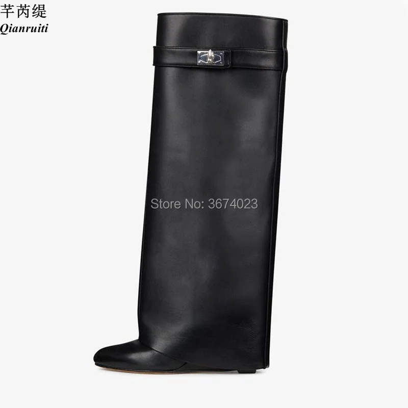 Qianruiti Shark Lock Women Wedge Boots Botines Mujer Knee High Heel Fold Over Height Increasing Motorcycle Booties | Обувь