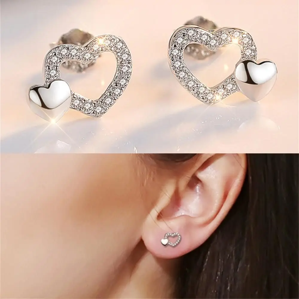 1 Pair Charm Jewelry Double Heart Stud Earrings Unique Fashion