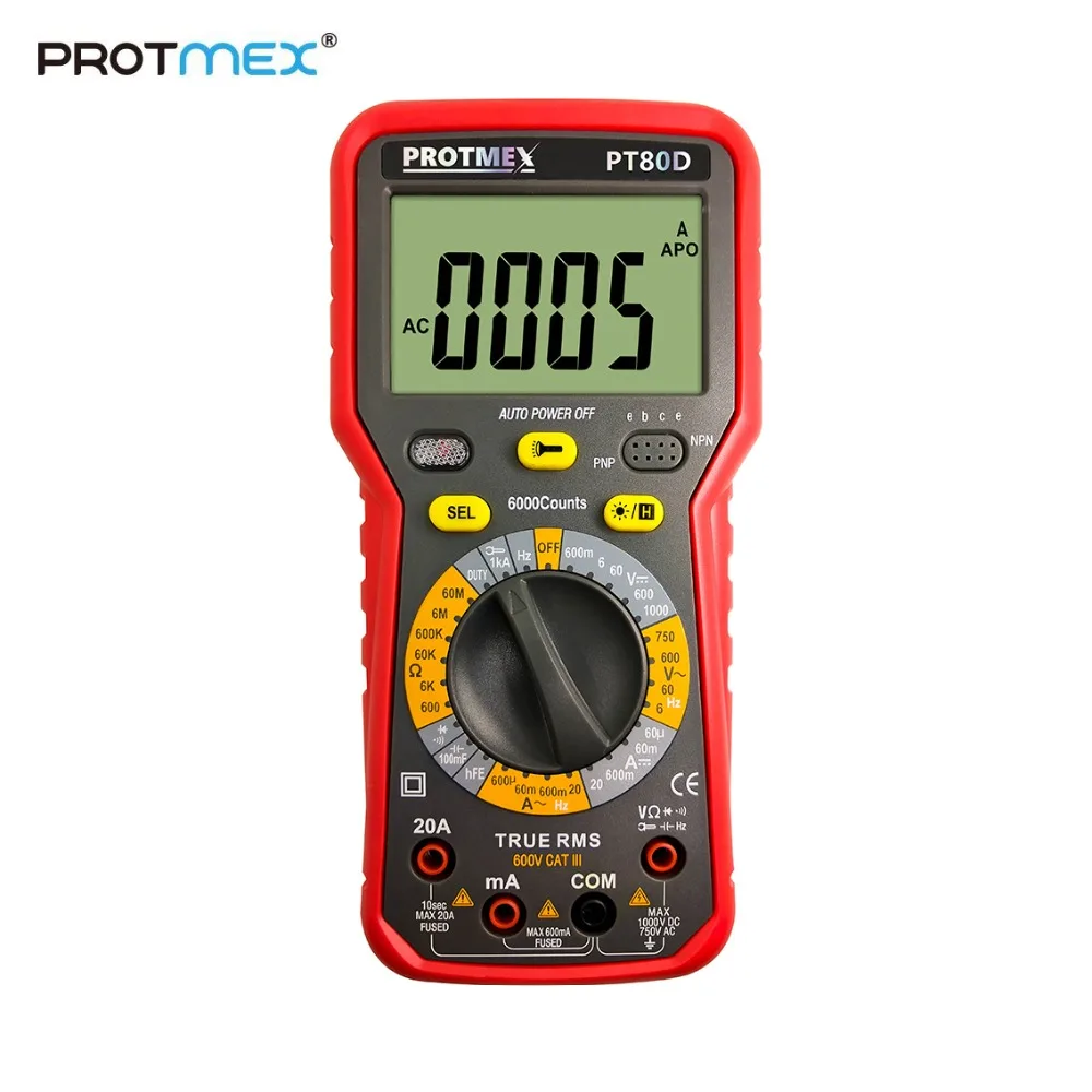 

Protmex PT80C/80D 6000 Counts Digital Multimeter DC/AC Voltage, Current, Resistance, Capacitance Tester