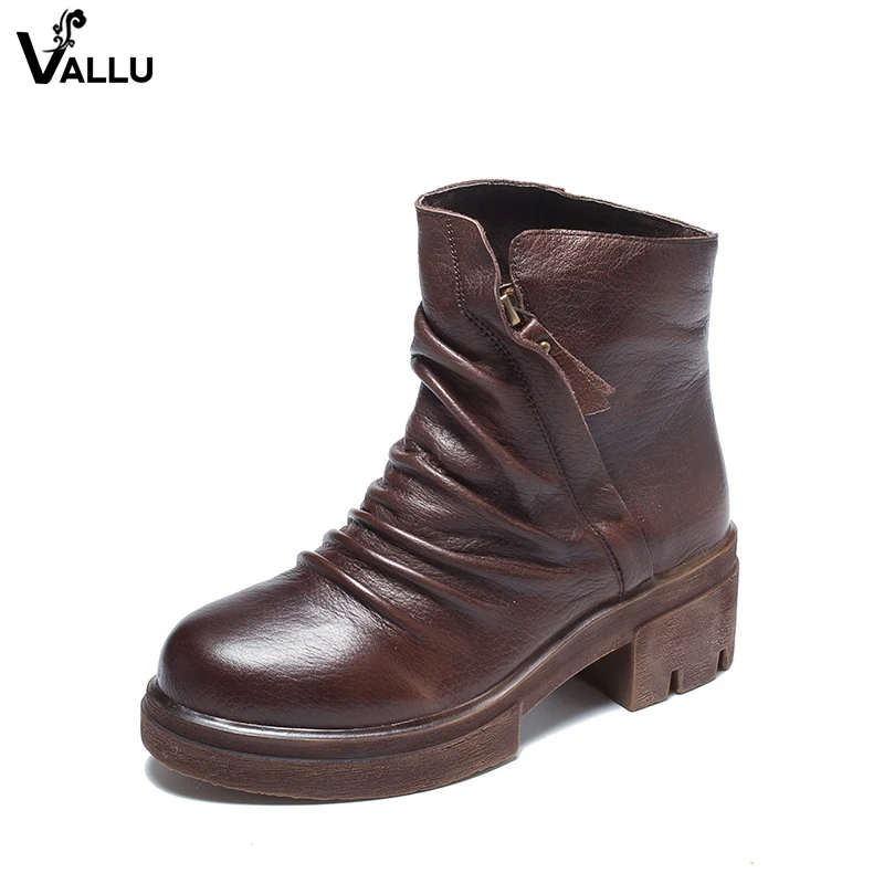 Cow Leather Retro Boots Shoes Woman Wrinkle Side Zipper Lady Short Booties Latest Outdoor Casual Comfort Female High Heel Shoes Cow Leather Retro Boots Shoes Woman Wrinkle Side Zipper Lady Short Booties Latest Outdoor Casual Comfort Female High Heel Shoes