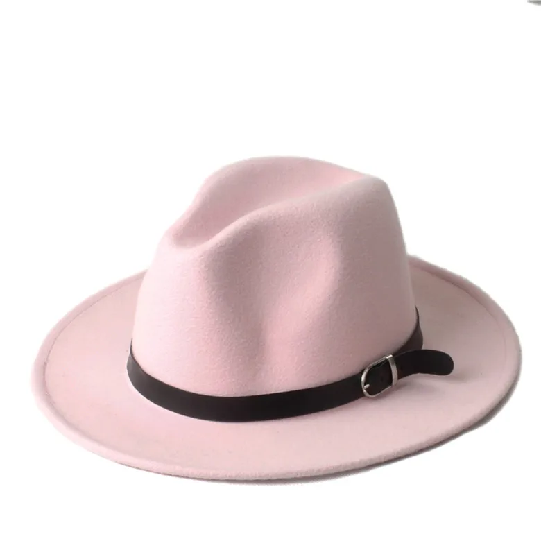 Новая мода Мужские Женские Chapeu Feminino Fedora Шляпа с широкими полями кожаный ремешок Джаз церковная Кепка Панама Федора топ шляпа от солнца 20 - Цвет: Pink