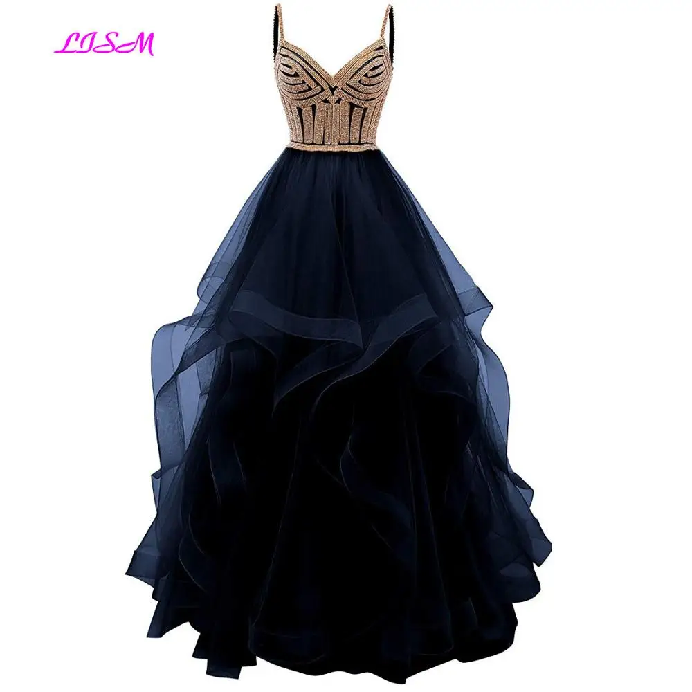 Tulle Crystal Beaded Long Prom Dresses Tiered Formal Evening Dress Spaghetti Straps Sweetheart Ball Gown Princess Party Gowns Prom Dresses Prom Dresses