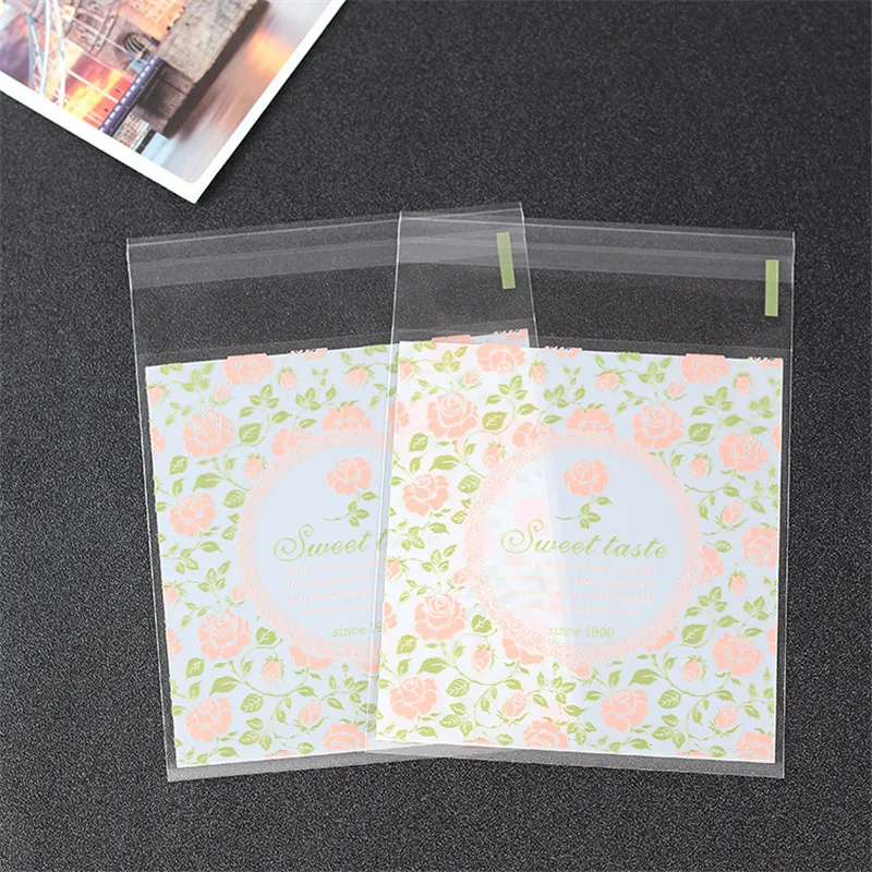 

100pcs Sweet Taste Letter Candy Biscuit Cookie Candy Bag Peony Rose Flower Pattern Self-adhesive Snack Bags 10x10+3cm