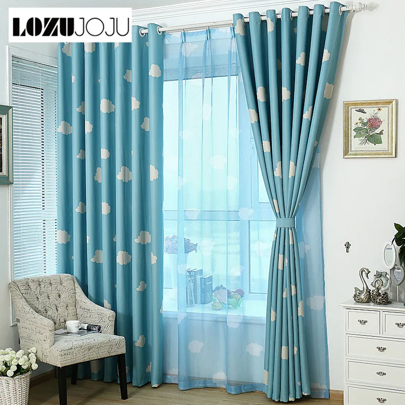 Cortinas de tratamiento de panel de ventana de dormitorio para niños con diseño moderno con motivo de nube azul de dibujos animados LOZUJOJU