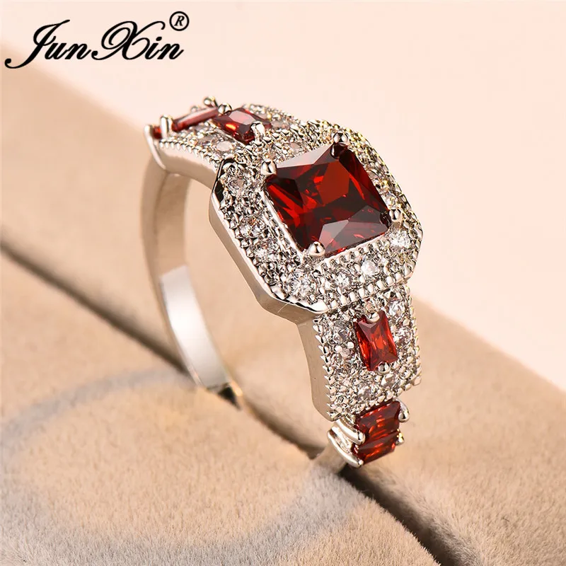 JUNXIN Vintage Square Birthstone Engagement Rings For Women Men White Gold Princess Stone Green Blue Black Zircon Ring Female CZ