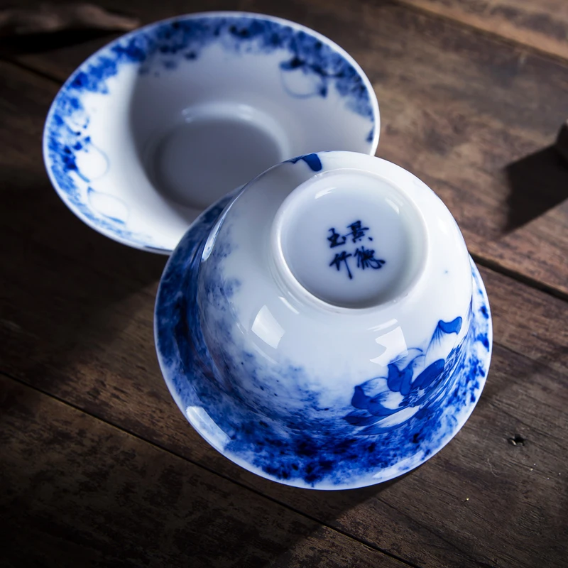 200 мл Цзиндэчжэнь голубой и белый фарфор Gaiwan ручная роспись лотоса Супница керамическая чайная чашка подглазурная чайная посуда