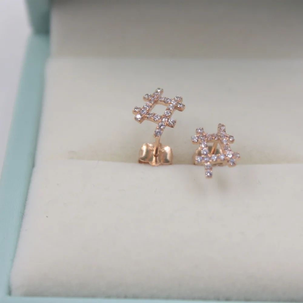 

Au750 Logo Jewelry Real 18K Rose Gold Elegant Earrings # Shape Shining Zircon Party Stud Earrings For Women Girl 1-1.2g New