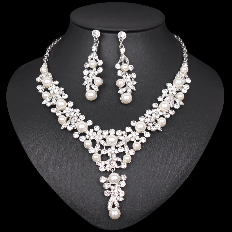 New Elegant Bridal Necklace Earrings Jewelry Sets for Women Silver