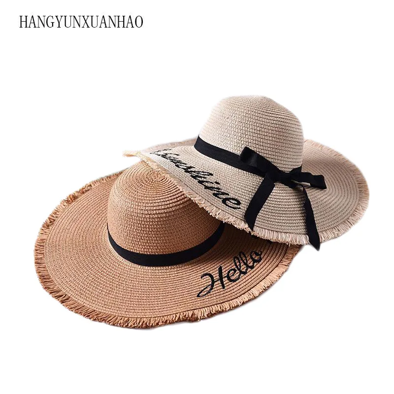 

Handmade Weave letter Sun Hats For Women Black Ribbon Lace Up Large Brim Straw Hat Outdoor Beach Summer Caps Chapeu Feminino