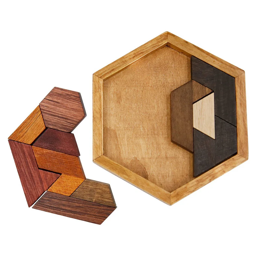 LeadingStar Wooden Tangram Jigsaw Puzzles with Hexagonal Base Brain Teaser Intelligence Toy Gift for Kids Adult zk 15