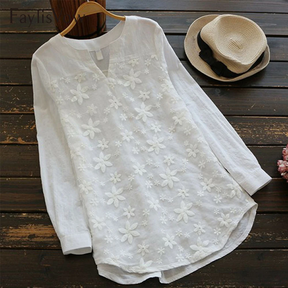 Chemisier Blanc En Dentelle Grande Taille Femmes Bureau Col En V Broderie Florale A Manches Longues Ample Patchwork Chemises Tunique De 5xl Hauts Et Chemisiers Aliexpress