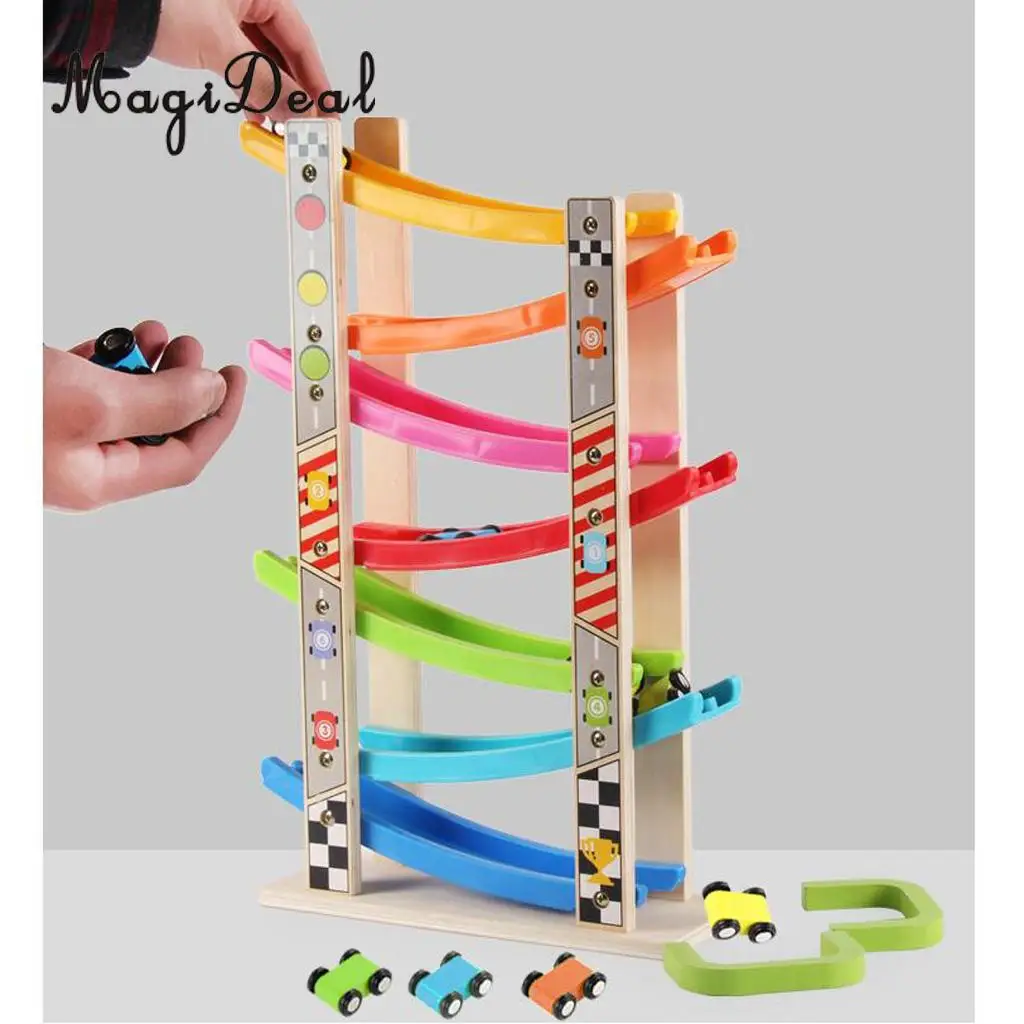 Colorful Wooden Ramp Race Track & 8 mini Inertia Car Playset - Toddlers Baby Toys Developmental Preschool Games