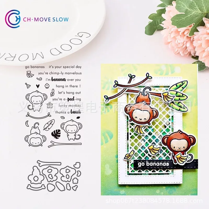 

Monkey/tree Stamp and dies 2019 for card monkey banana Clear stamps&die set for card craft stitched Embossing animal die mold