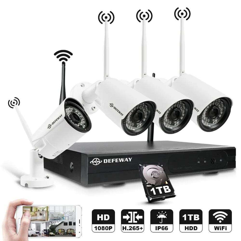 

DEFEWAY 4CH H.265+ Wireless CCTV System 1080P HD NVR kit 4PCS Outdoor IR Night IP Camera wifi Camera Security System with 1TB