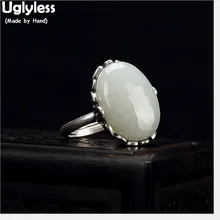 Uglyless Real Solid 925 Sterling Silver Ethnic Bats Open Rings for Women Vintage Thai Silver Fine Jewelry Oval Natural Jade Ring uglyless real 999 silver fine jewelry women simple fashion thick bangles ethnic fish open bangle handmade engraved lotus bijoux