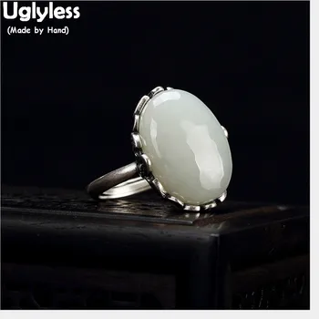 

Uglyless Real Solid 925 Sterling Silver Ethnic Bats Open Rings for Women Vintage Thai Silver Fine Jewelry Oval Natural Jade Ring