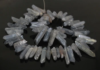 

15.5"Strand Blue Gray Titanium Quartz Crystal Top Drilled Point Pendant Beads,Rock Raw Crystal Pillar Sticks Tusk Beads Jewelry