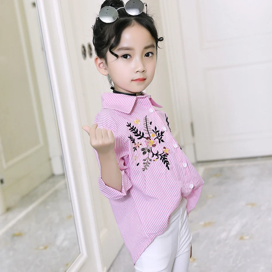 

Big Girls Blouse Spring Flower Embroidery Blouse For Girls 6 8 10 12 14 Year Plaid Kids Shirt For Girls Clothing