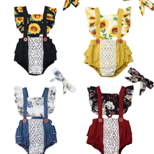 

Newborn Baby Girls SunFlower Ruffle Lace Romper 2Pcs Sunsuit Outfit Set